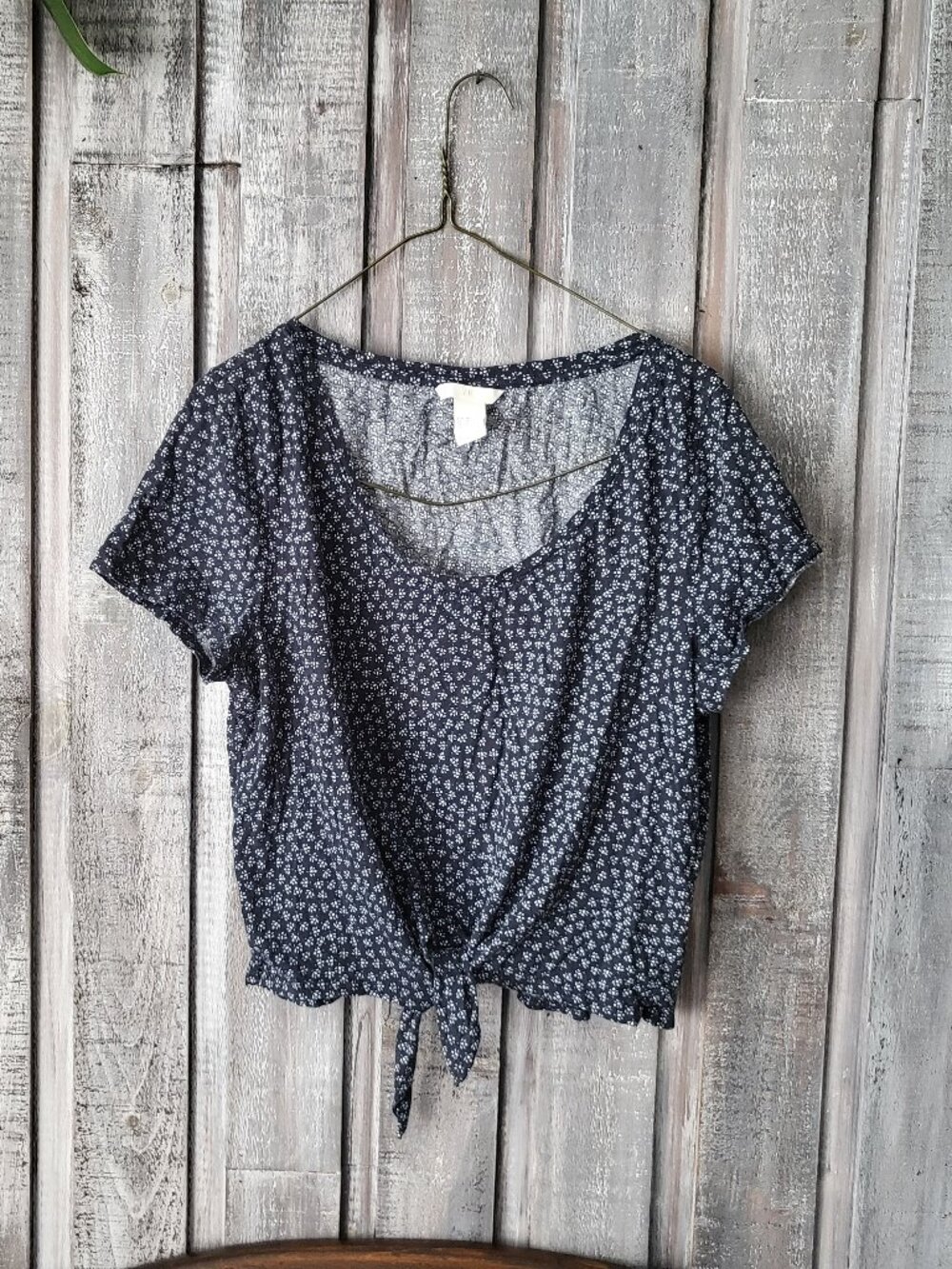 Floral Tie-Front Crop Top Short Sleeve Blue White 100% Cotton M